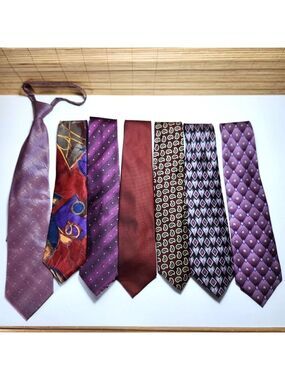 Lot of Seven Neckties Men's Purples and Reds Silk and Polyester Various Patterns